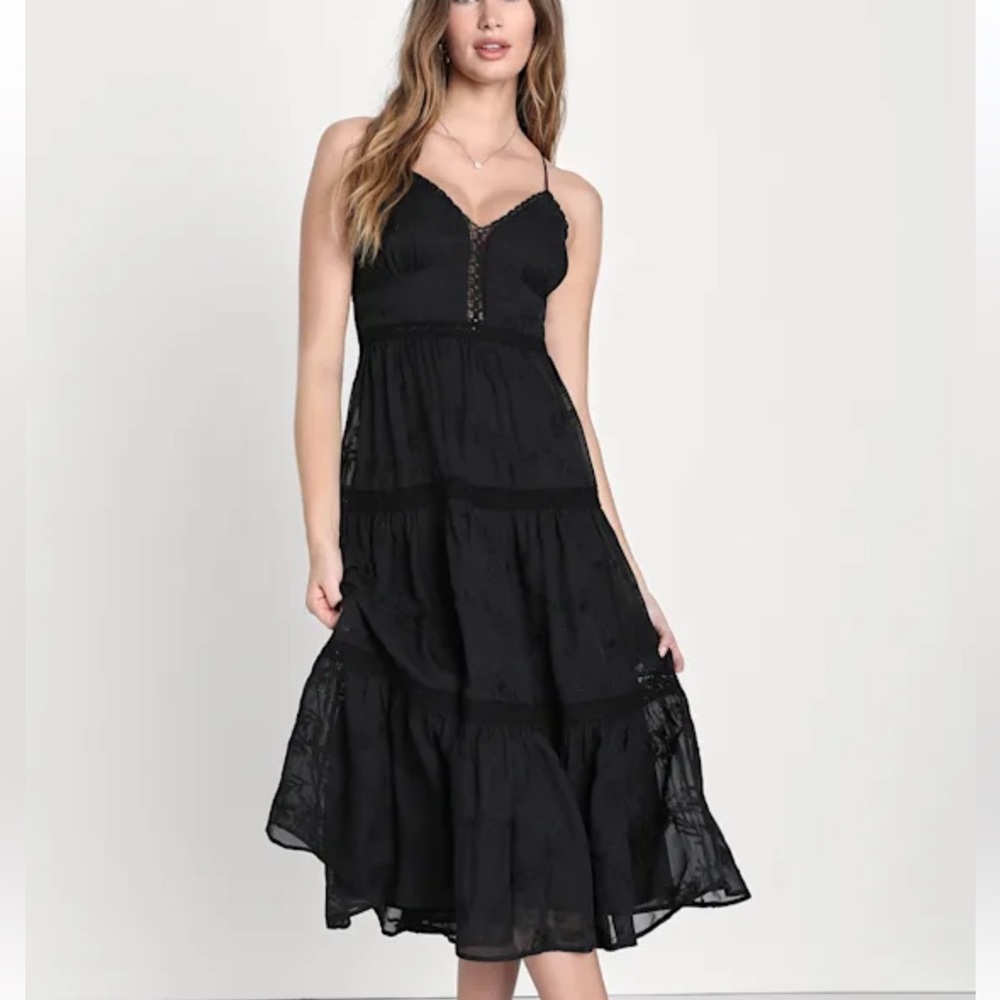 Lulu's Forever Your Darling Black Embroidered Lace Backless Midi Dress